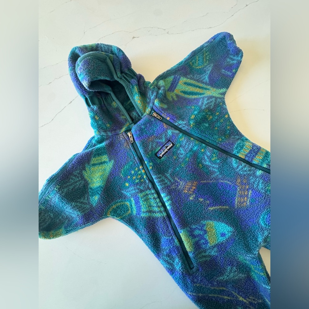 VTG Patagonia Fleece Bunting One Piece 3 Month Deep Sea Creatures 90s AOP - Picture 3 of 12